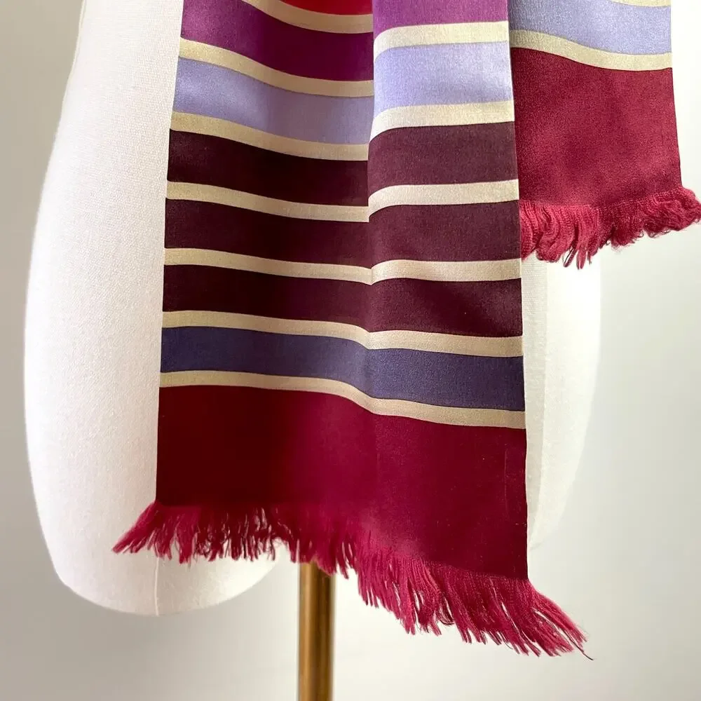 Vintage 90s Echo Silk Scarf Rectangle Satin Striped Jewel Tones Fringe‎ Burgundy